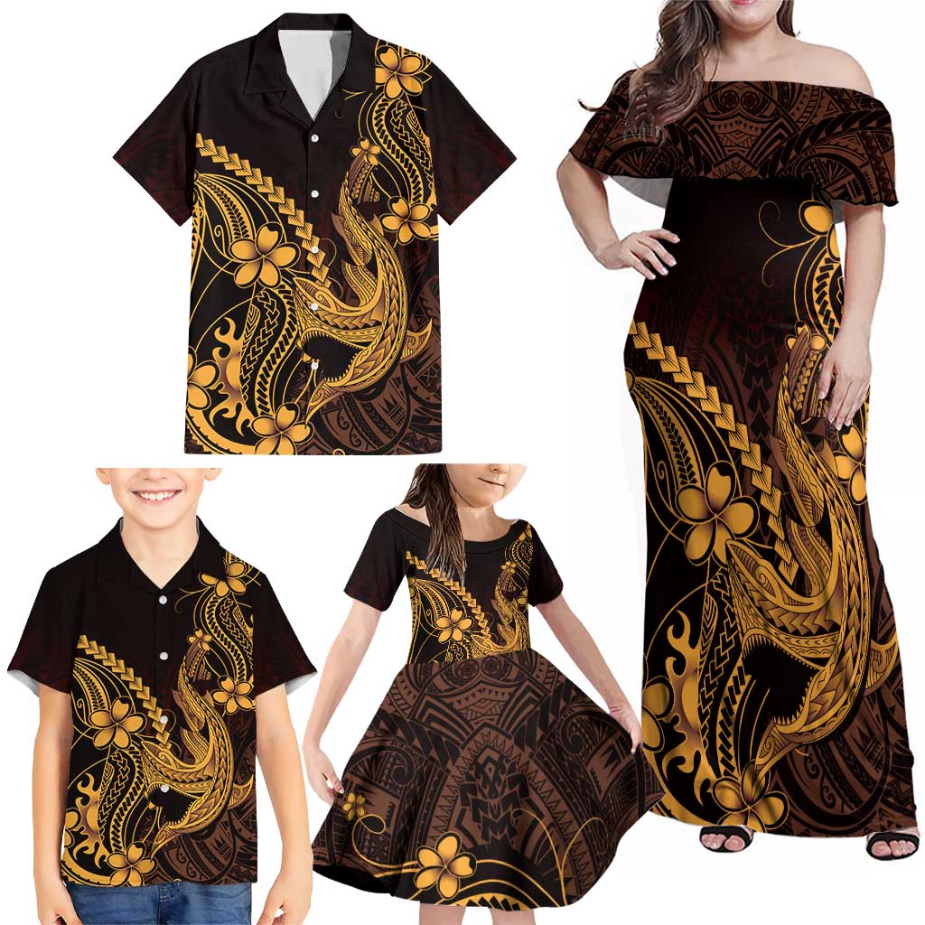 Gold Black Aloha Hawaii Family Matching Off Shoulder Maxi Dress and Hawaiian Shirt Polynesian Shark Tattoo With Plumeria LT14 - Polynesian Pride