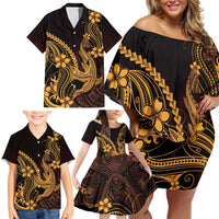 Gold Black Aloha Hawaii Family Matching Off Shoulder Short Dress and Hawaiian Shirt Polynesian Shark Tattoo With Plumeria LT14 - Polynesian Pride