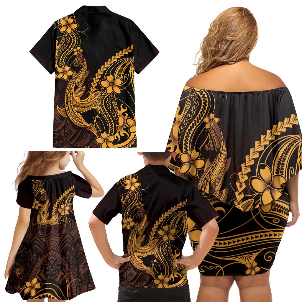 Gold Black Aloha Hawaii Family Matching Off Shoulder Short Dress and Hawaiian Shirt Polynesian Shark Tattoo With Plumeria LT14 - Polynesian Pride