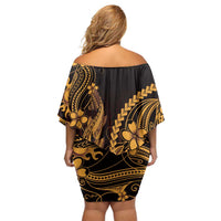 Gold Black Aloha Hawaii Family Matching Off Shoulder Short Dress and Hawaiian Shirt Polynesian Shark Tattoo With Plumeria LT14 - Polynesian Pride