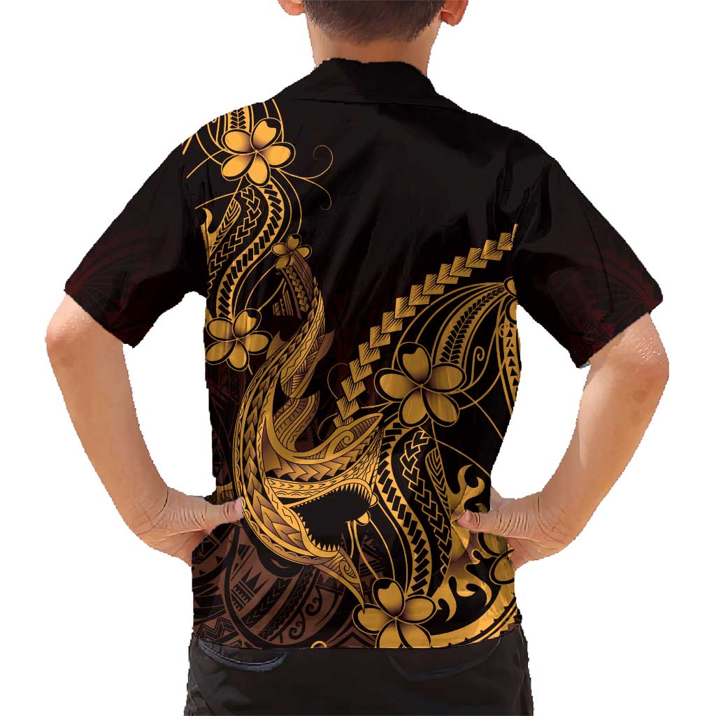 Gold Black Aloha Hawaii Family Matching Puletasi and Hawaiian Shirt Polynesian Shark Tattoo With Plumeria LT14 - Polynesian Pride