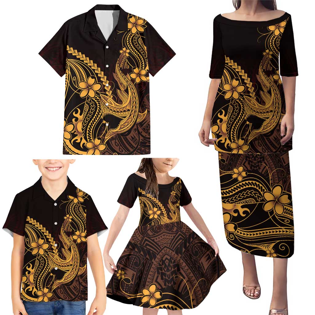 Gold Black Aloha Hawaii Family Matching Puletasi and Hawaiian Shirt Polynesian Shark Tattoo With Plumeria LT14 - Polynesian Pride