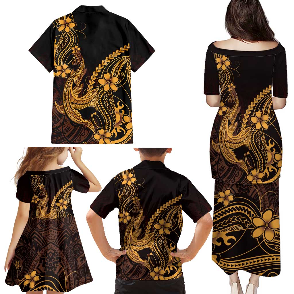 Gold Black Aloha Hawaii Family Matching Puletasi and Hawaiian Shirt Polynesian Shark Tattoo With Plumeria LT14 - Polynesian Pride