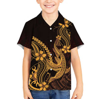 Gold Black Aloha Hawaii Family Matching Puletasi and Hawaiian Shirt Polynesian Shark Tattoo With Plumeria LT14 Son's Shirt Gold - Polynesian Pride