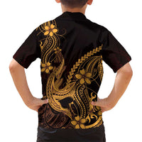 Gold Black Aloha Hawaii Family Matching Short Sleeve Bodycon Dress and Hawaiian Shirt Polynesian Shark Tattoo With Plumeria LT14 - Polynesian Pride