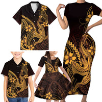 Gold Black Aloha Hawaii Family Matching Short Sleeve Bodycon Dress and Hawaiian Shirt Polynesian Shark Tattoo With Plumeria LT14 - Polynesian Pride