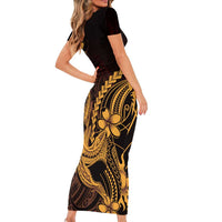 Gold Black Aloha Hawaii Family Matching Short Sleeve Bodycon Dress and Hawaiian Shirt Polynesian Shark Tattoo With Plumeria LT14 - Polynesian Pride