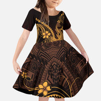 Gold Black Aloha Hawaii Family Matching Summer Maxi Dress and Hawaiian Shirt Polynesian Shark Tattoo With Plumeria LT14 Daughter's Dress Gold - Polynesian Pride
