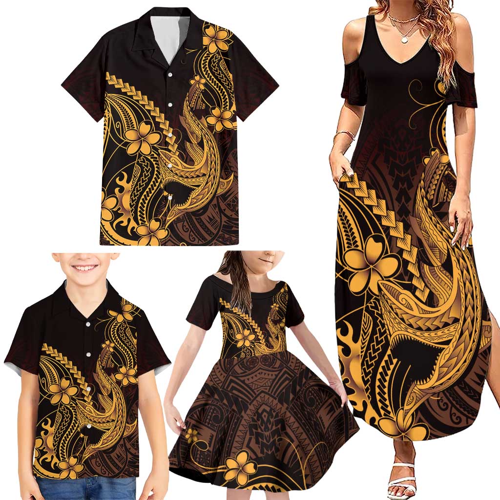 Gold Black Aloha Hawaii Family Matching Summer Maxi Dress and Hawaiian Shirt Polynesian Shark Tattoo With Plumeria LT14 - Polynesian Pride
