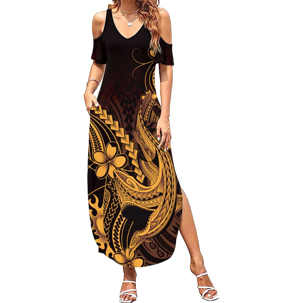 Gold Black Aloha Hawaii Family Matching Summer Maxi Dress and Hawaiian Shirt Polynesian Shark Tattoo With Plumeria LT14 Mom's Dress Gold - Polynesian Pride