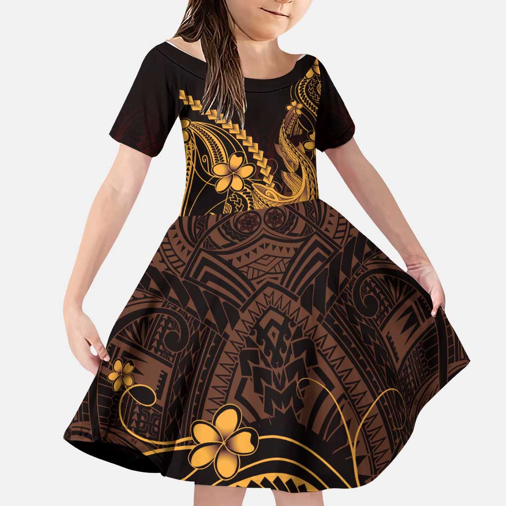 Gold Black Aloha Hawaii Family Matching Tank Maxi Dress and Hawaiian Shirt Polynesian Shark Tattoo With Plumeria LT14 Daughter's Dress Gold - Polynesian Pride