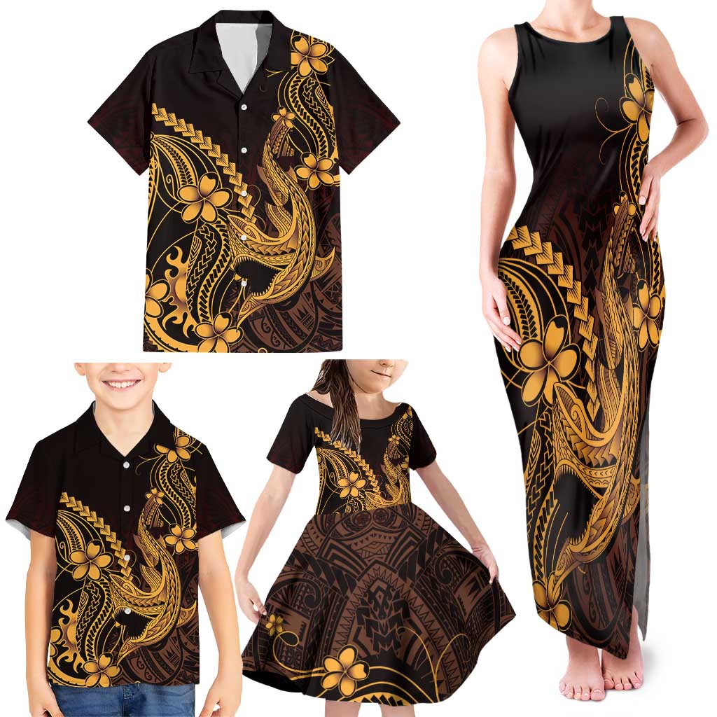 Gold Black Aloha Hawaii Family Matching Tank Maxi Dress and Hawaiian Shirt Polynesian Shark Tattoo With Plumeria LT14 - Polynesian Pride