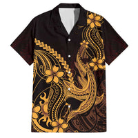 Gold Black Aloha Hawaii Family Matching Tank Maxi Dress and Hawaiian Shirt Polynesian Shark Tattoo With Plumeria LT14 Dad's Shirt - Short Sleeve Gold - Polynesian Pride