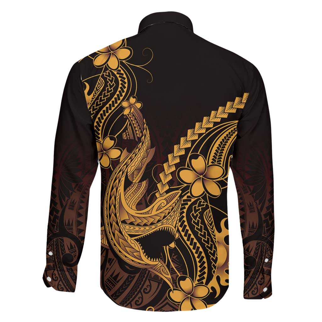 Gold Black Aloha Hawaii Family Matching Tank Maxi Dress and Hawaiian Shirt Polynesian Shark Tattoo With Plumeria LT14 - Polynesian Pride