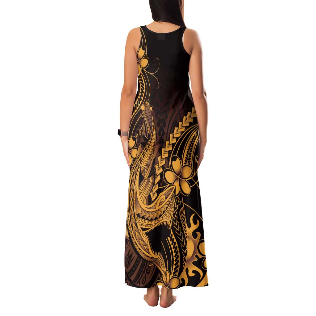 Gold Black Aloha Hawaii Family Matching Tank Maxi Dress and Hawaiian Shirt Polynesian Shark Tattoo With Plumeria LT14 - Polynesian Pride
