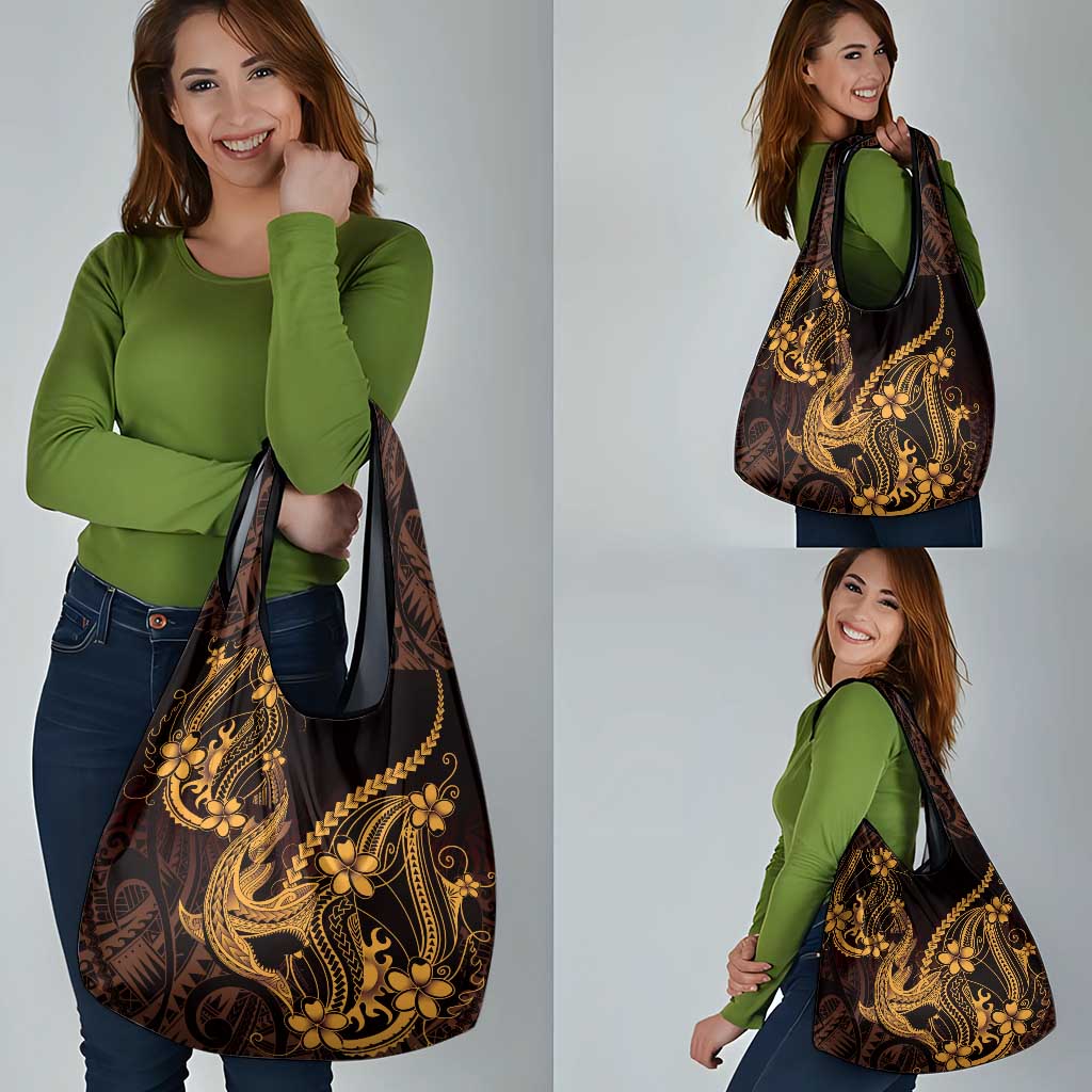 Gold Black Aloha Hawaii Grocery Bag Polynesian Shark Tattoo With Plumeria - Polynesian Pride