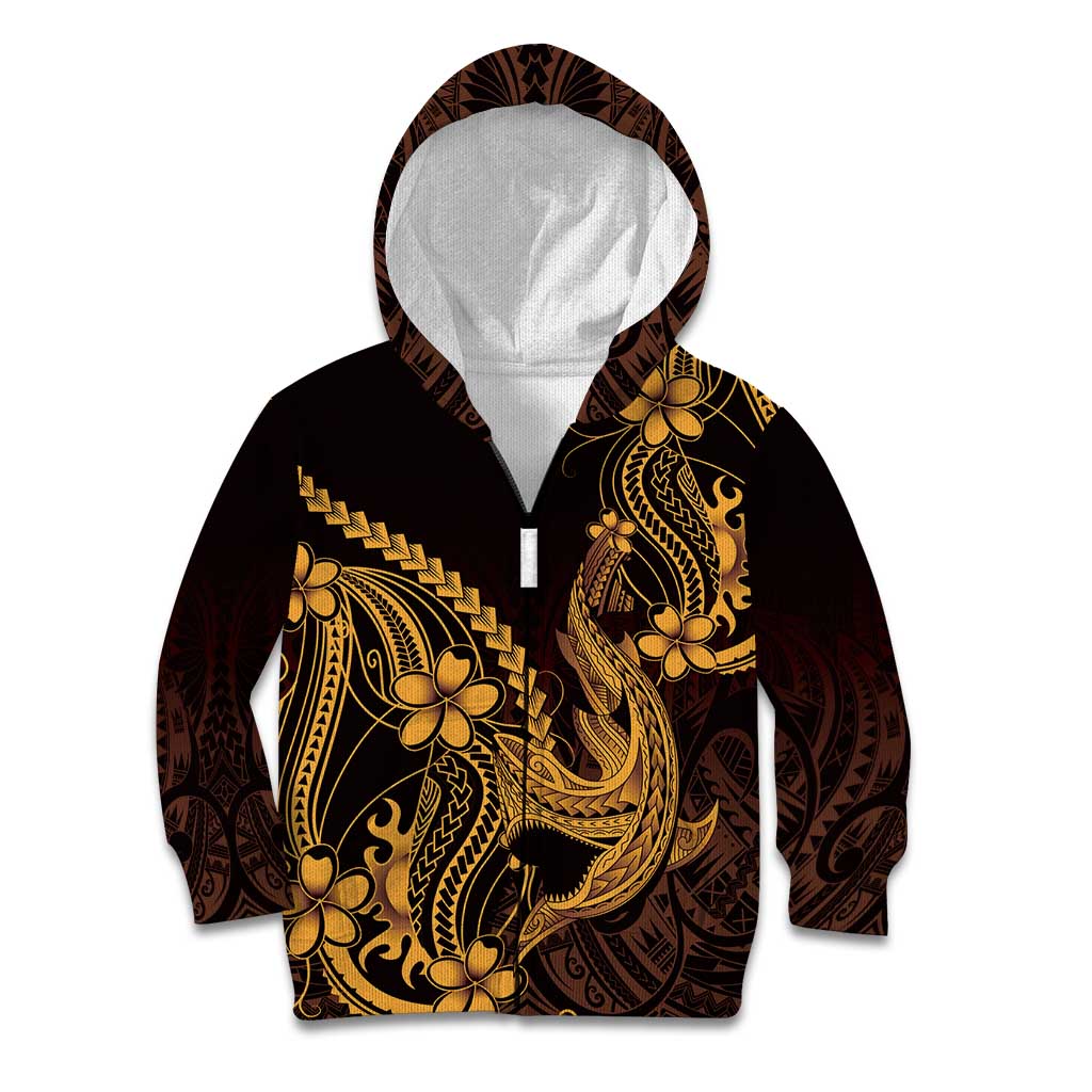 Gold Black Aloha Hawaii Kid Hoodie Polynesian Shark Tattoo With Plumeria - Polynesian Pride