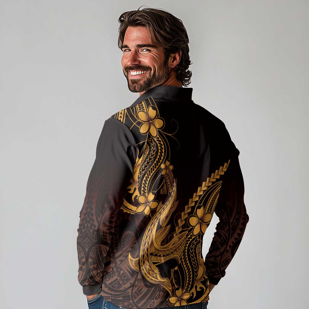 Gold Black Aloha Hawaii Long Sleeve Polo Shirt Polynesian Shark Tattoo With Plumeria - Polynesian Pride