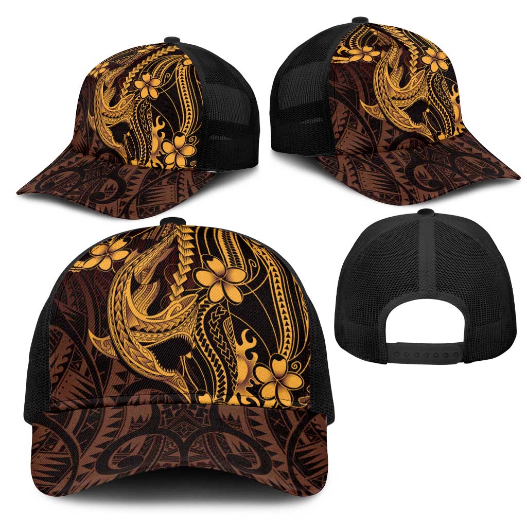 Gold Black Aloha Hawaii Mesh Trucker Cap Polynesian Shark Tattoo With Plumeria - Polynesian Pride