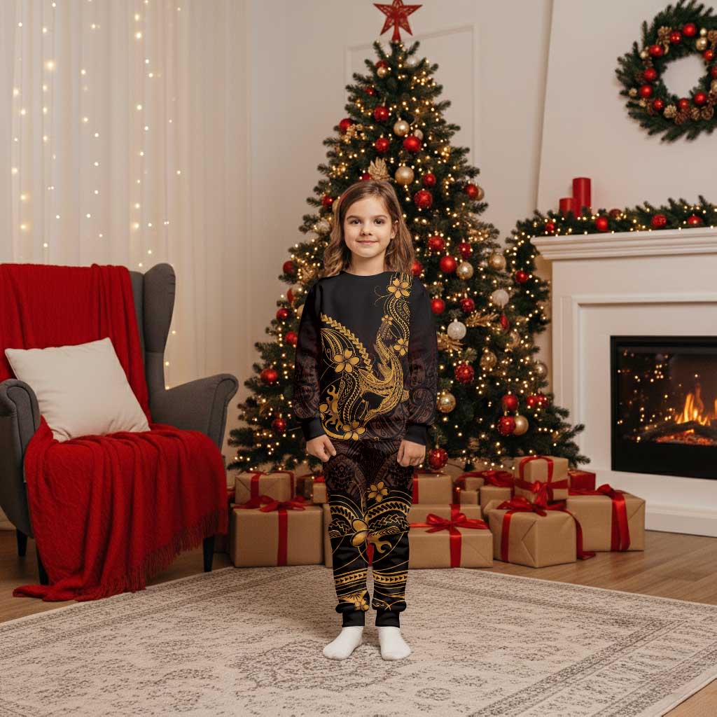 Gold Black Aloha Hawaii Christmas Pajama Set Polynesian Shark Tattoo With Plumeria - Polynesian Pride