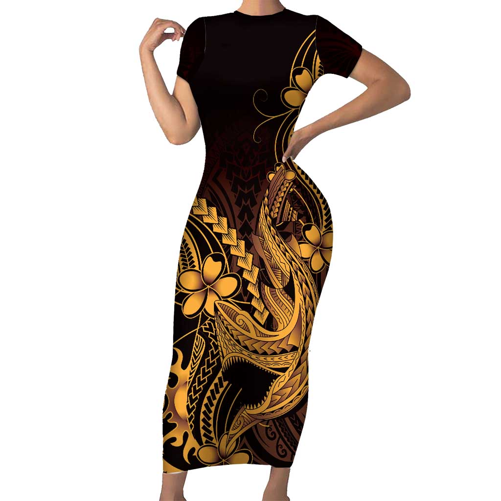 Gold Black Aloha Hawaii Short Sleeve Bodycon Dress Polynesian Shark Tattoo With Plumeria LT14 Long Dress Gold - Polynesian Pride