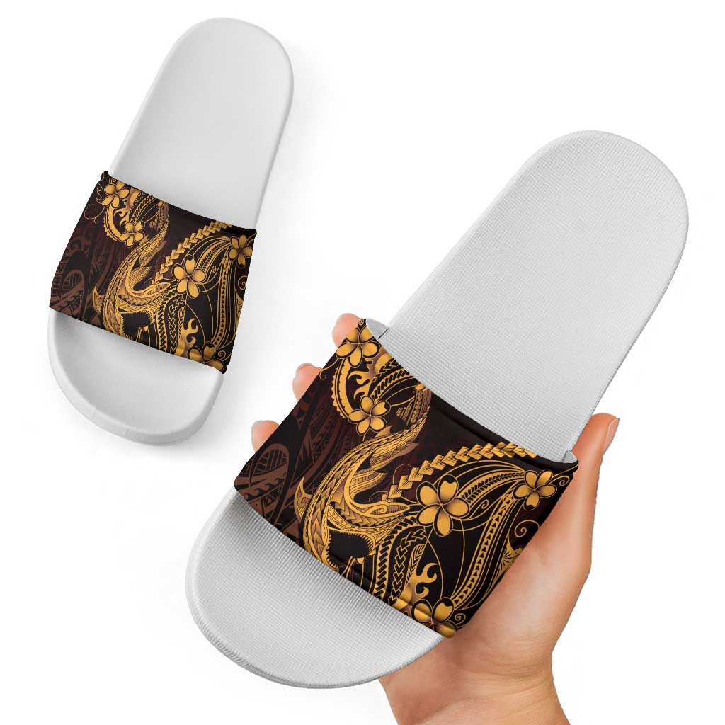Gold Black Aloha Hawaii Slide Sandals Polynesian Shark Tattoo With Plumeria - Polynesian Pride