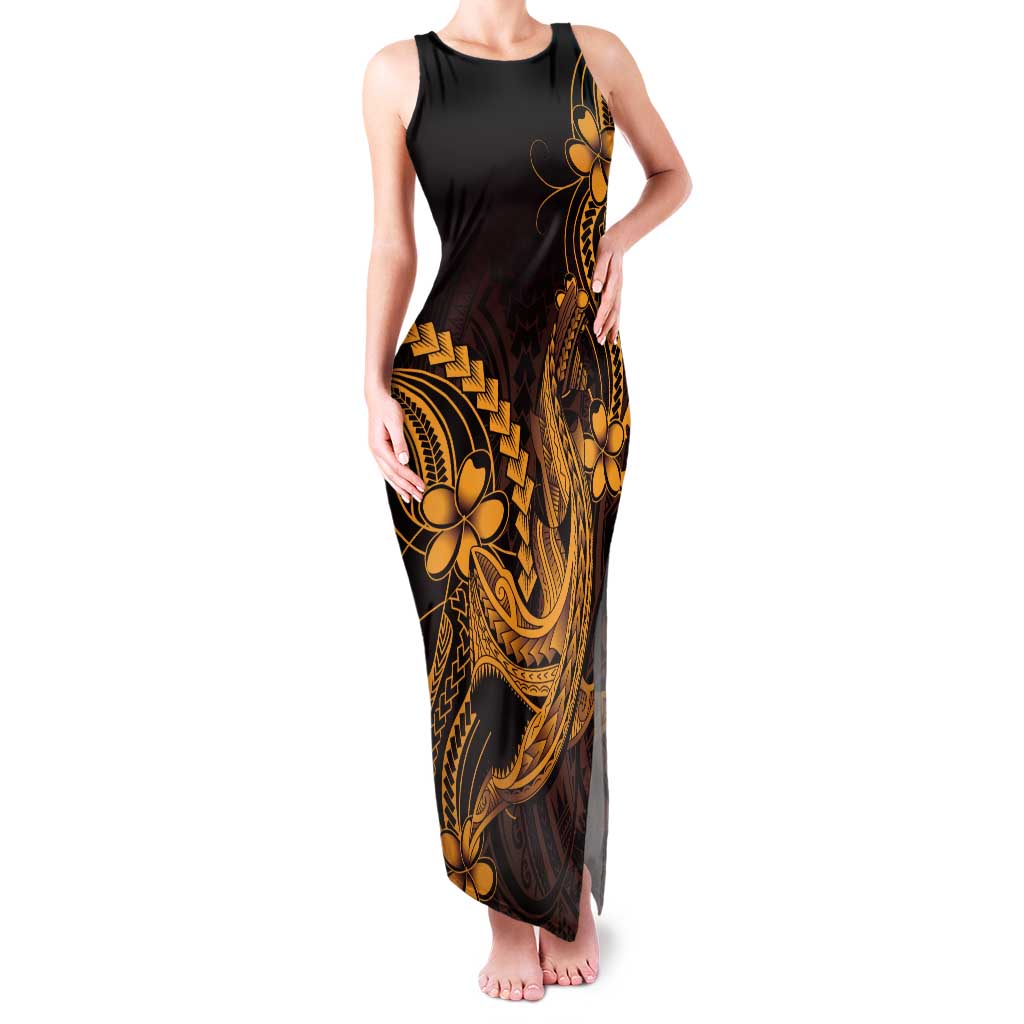 Gold Black Aloha Hawaii Tank Maxi Dress Polynesian Shark Tattoo With Plumeria LT14 Women Gold - Polynesian Pride