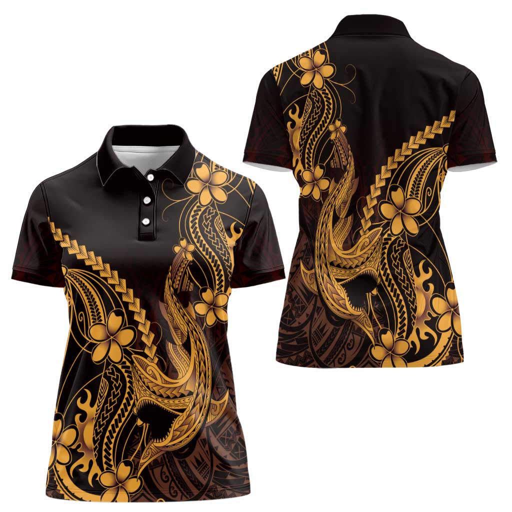 Gold Black Aloha Hawaii Women Polo Shirt Polynesian Shark Tattoo With Plumeria - Polynesian Pride