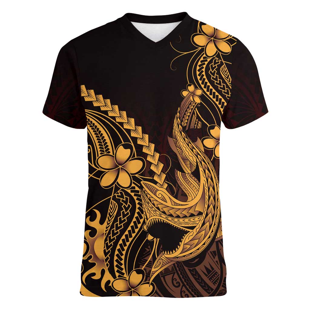 Gold Black Aloha Hawaii Women V-Neck T-Shirt Polynesian Shark Tattoo With Plumeria LT14 Female Gold - Polynesian Pride