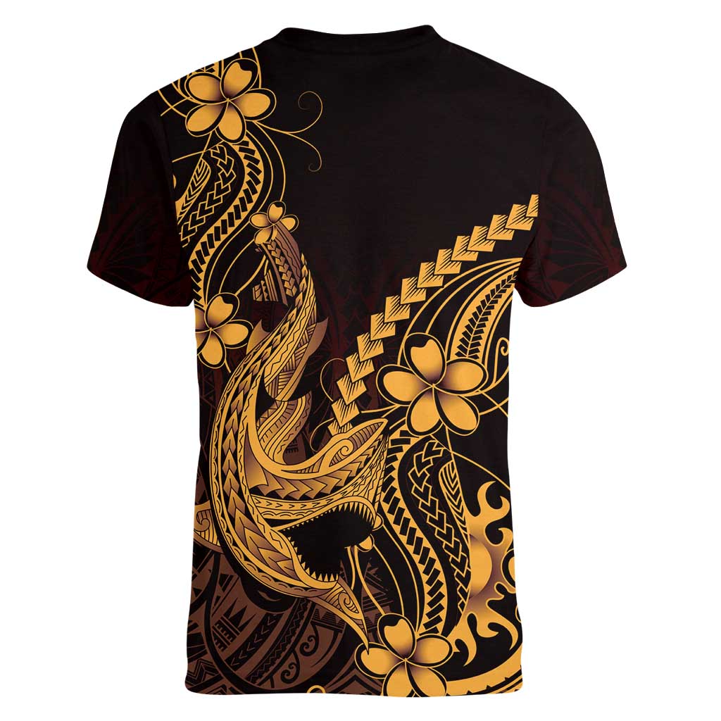 Gold Black Aloha Hawaii Women V-Neck T-Shirt Polynesian Shark Tattoo With Plumeria LT14 - Polynesian Pride