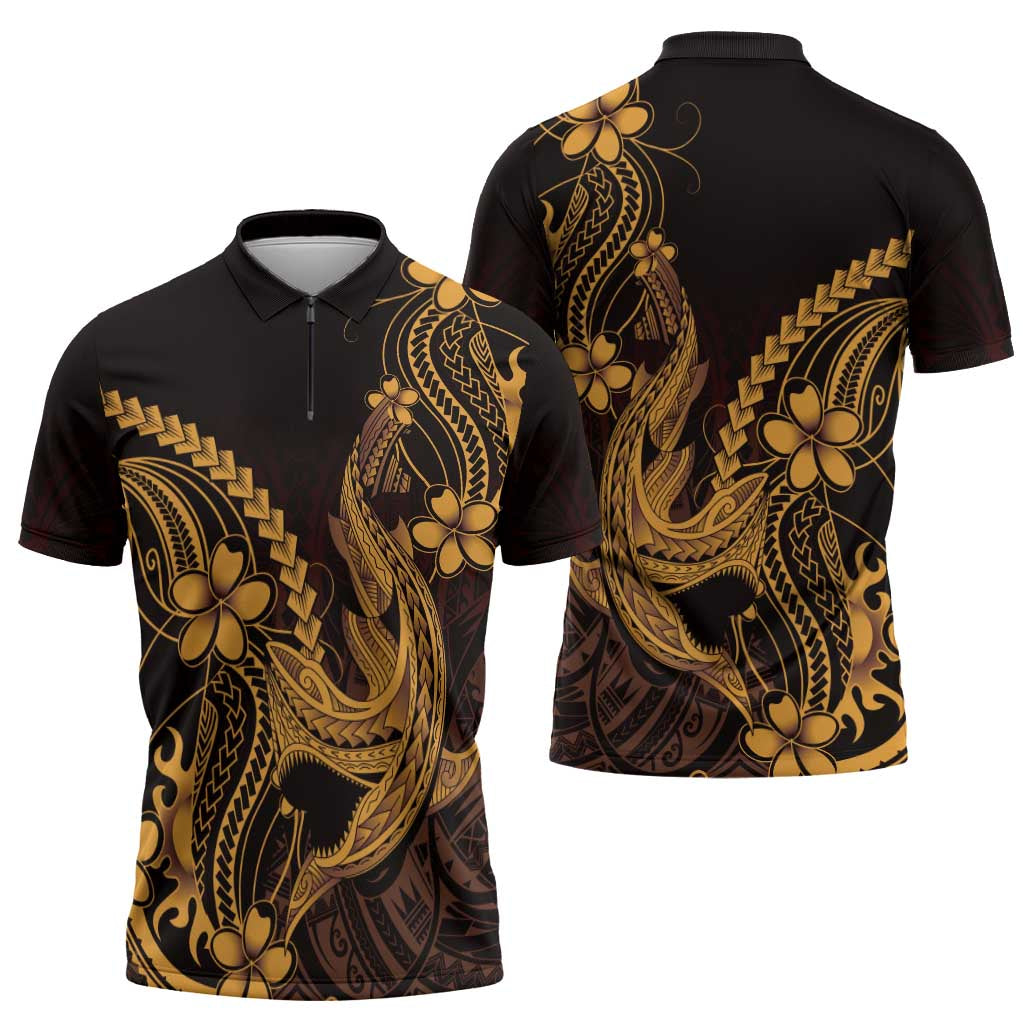 Gold Black Aloha Hawaii Zipper Polo Shirt Polynesian Shark Tattoo With Plumeria - Polynesian Pride
