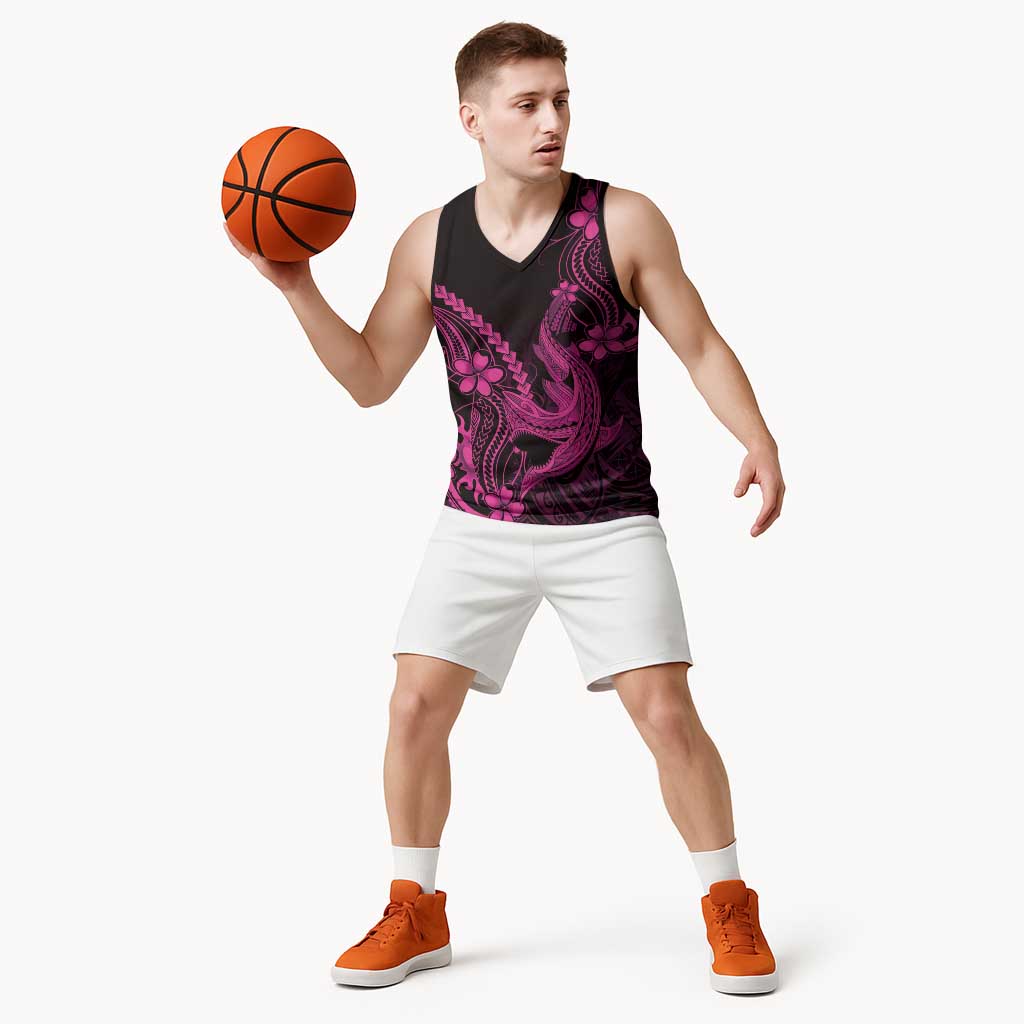 Pink Black Aloha Hawaii Basketball Jersey Polynesian Shark Tattoo With Plumeria - Polynesian Pride