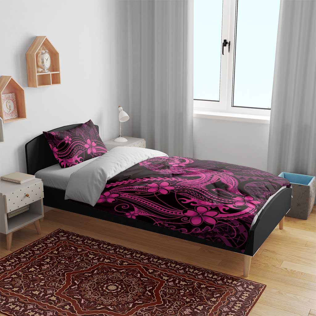 Pink Black Aloha Hawaii Bedding Set Polynesian Shark Tattoo With Plumeria - Polynesian Pride