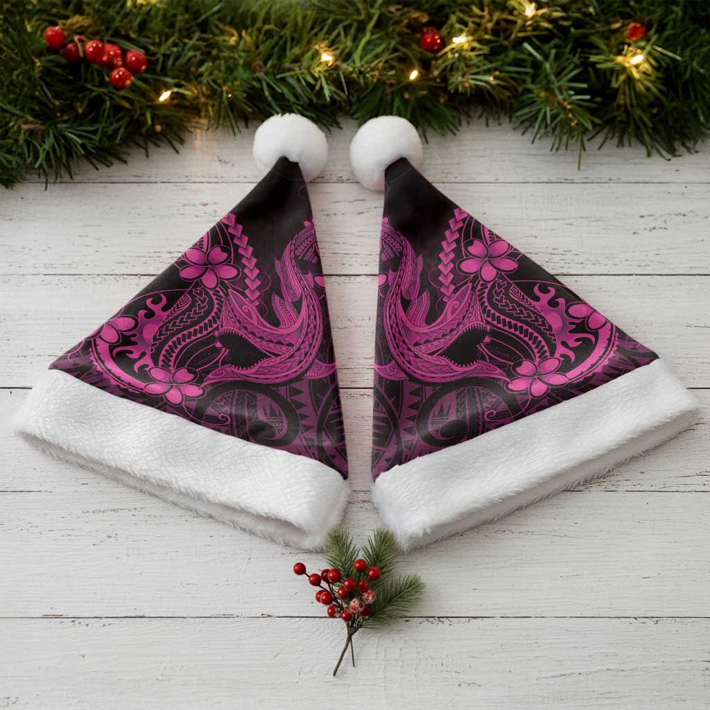 Pink Black Aloha Hawaii Christmas Santa Hat Polynesian Shark Tattoo With Plumeria - Polynesian Pride