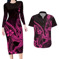 Pink Black Aloha Hawaii Couples Matching Long Sleeve Bodycon Dress and Hawaiian Shirt Polynesian Shark Tattoo With Plumeria LT14 Pink - Polynesian Pride