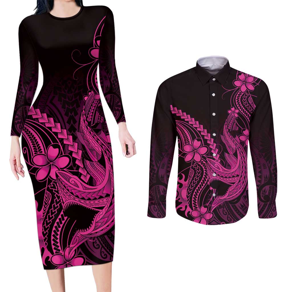 Pink Black Aloha Hawaii Couples Matching Long Sleeve Bodycon Dress and Long Sleeve Button Shirt Polynesian Shark Tattoo With Plumeria LT14 Pink - Polynesian Pride