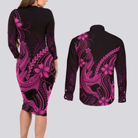 Pink Black Aloha Hawaii Couples Matching Long Sleeve Bodycon Dress and Long Sleeve Button Shirt Polynesian Shark Tattoo With Plumeria LT14 - Polynesian Pride