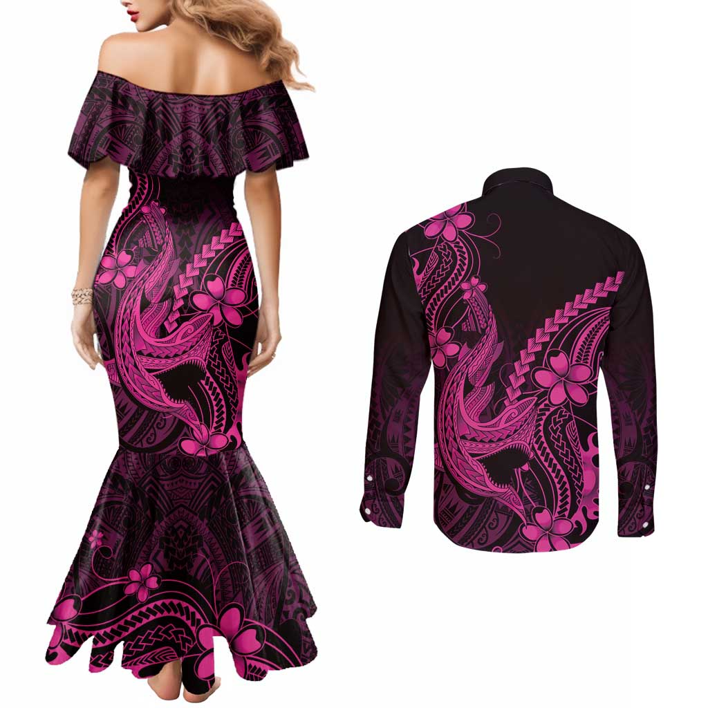 Pink Black Aloha Hawaii Couples Matching Mermaid Dress and Long Sleeve Button Shirt Polynesian Shark Tattoo With Plumeria - Polynesian Pride