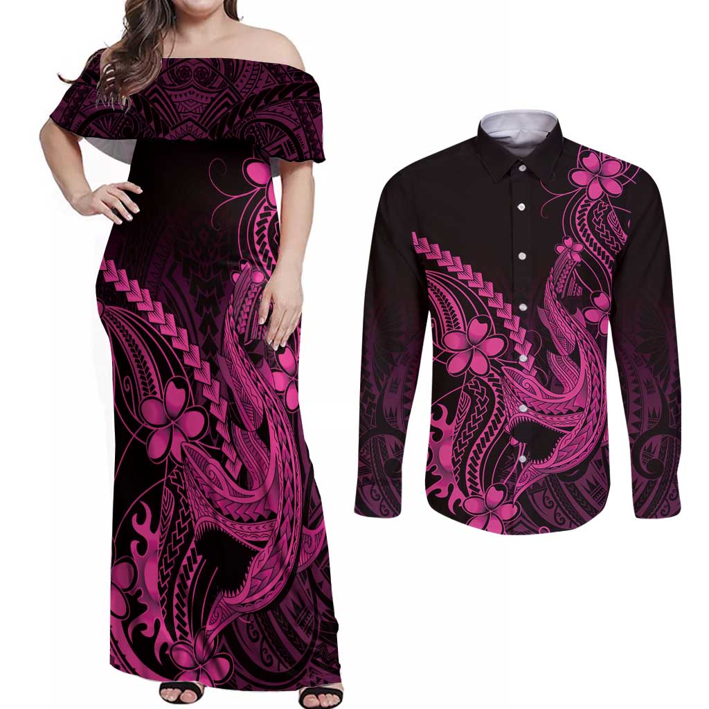 Pink Black Aloha Hawaii Couples Matching Off Shoulder Maxi Dress and Long Sleeve Button Shirt Polynesian Shark Tattoo With Plumeria - Polynesian Pride