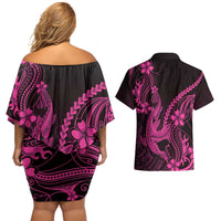 Pink Black Aloha Hawaii Couples Matching Off Shoulder Short Dress and Hawaiian Shirt Polynesian Shark Tattoo With Plumeria LT14 - Polynesian Pride