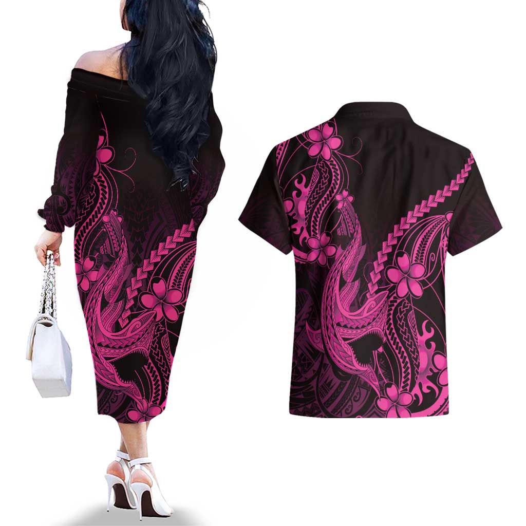 Pink Black Aloha Hawaii Couples Matching Off The Shoulder Long Sleeve Dress and Hawaiian Shirt Polynesian Shark Tattoo With Plumeria LT14 - Polynesian Pride