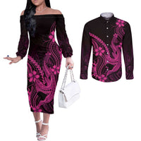 Pink Black Aloha Hawaii Couples Matching Off The Shoulder Long Sleeve Dress and Long Sleeve Button Shirt Polynesian Shark Tattoo With Plumeria LT14 Pink - Polynesian Pride