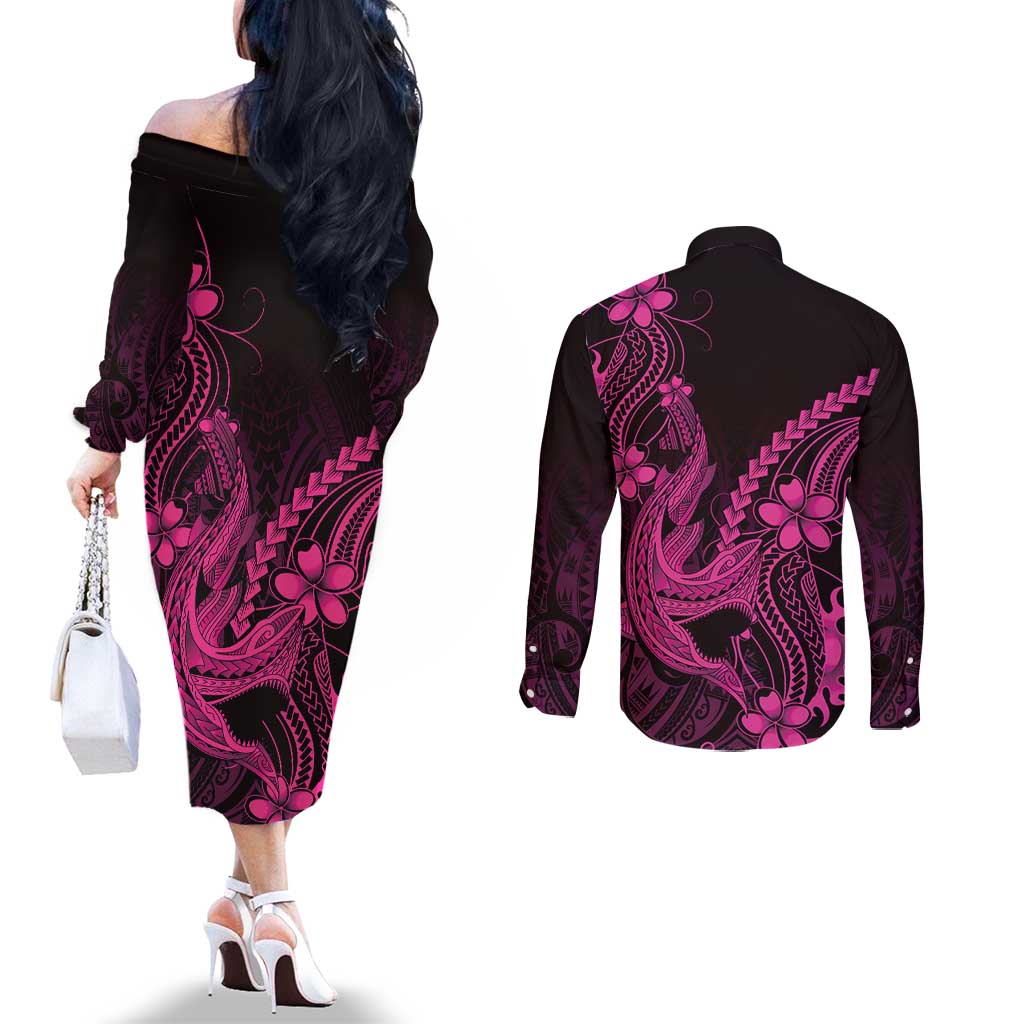 Pink Black Aloha Hawaii Couples Matching Off The Shoulder Long Sleeve Dress and Long Sleeve Button Shirt Polynesian Shark Tattoo With Plumeria LT14 - Polynesian Pride
