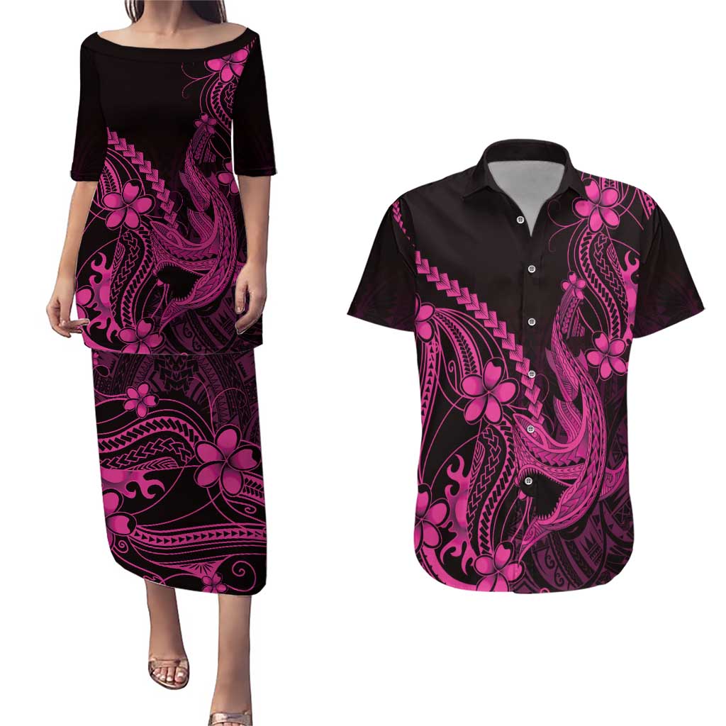 Pink Black Aloha Hawaii Couples Matching Puletasi and Hawaiian Shirt Polynesian Shark Tattoo With Plumeria - Polynesian Pride