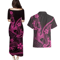 Pink Black Aloha Hawaii Couples Matching Puletasi and Hawaiian Shirt Polynesian Shark Tattoo With Plumeria - Polynesian Pride