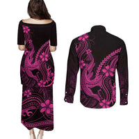 Pink Black Aloha Hawaii Couples Matching Puletasi and Long Sleeve Button Shirt Polynesian Shark Tattoo With Plumeria - Polynesian Pride