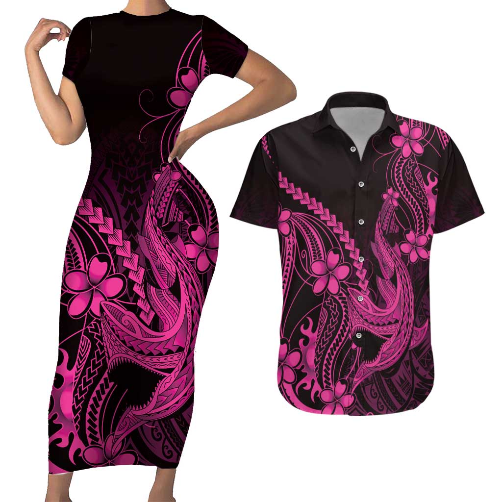 Pink Black Aloha Hawaii Couples Matching Short Sleeve Bodycon Dress and Hawaiian Shirt Polynesian Shark Tattoo With Plumeria LT14 Pink - Polynesian Pride