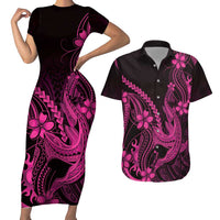 Pink Black Aloha Hawaii Couples Matching Short Sleeve Bodycon Dress and Hawaiian Shirt Polynesian Shark Tattoo With Plumeria LT14 Pink - Polynesian Pride