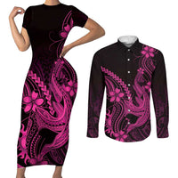Pink Black Aloha Hawaii Couples Matching Short Sleeve Bodycon Dress and Long Sleeve Button Shirt Polynesian Shark Tattoo With Plumeria LT14 Pink - Polynesian Pride