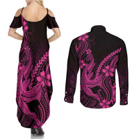 Pink Black Aloha Hawaii Couples Matching Summer Maxi Dress and Long Sleeve Button Shirt Polynesian Shark Tattoo With Plumeria LT14 - Polynesian Pride